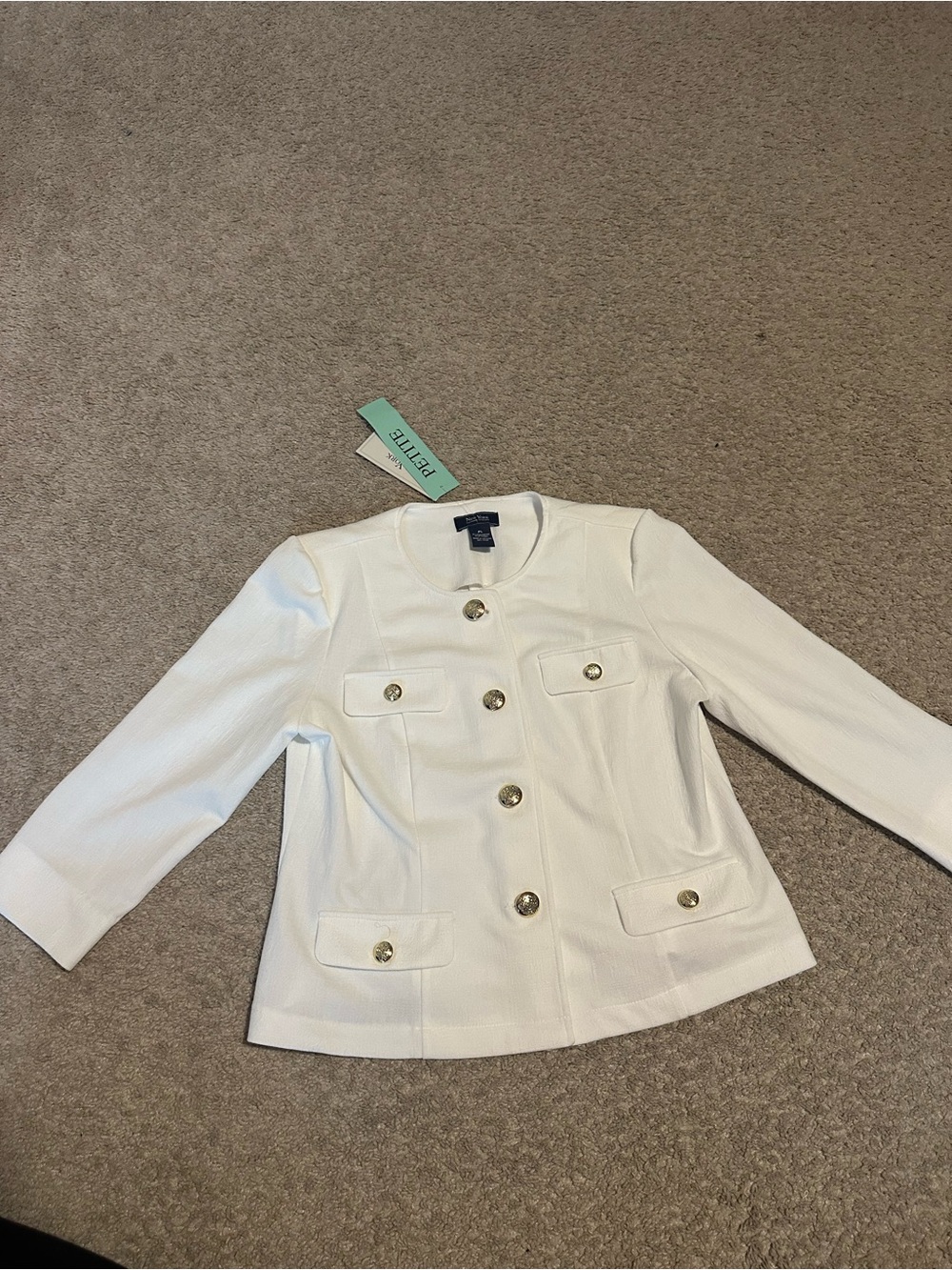 New York Clothing Company Petite White Collarless Jacket Gold Lion Buttons NWT